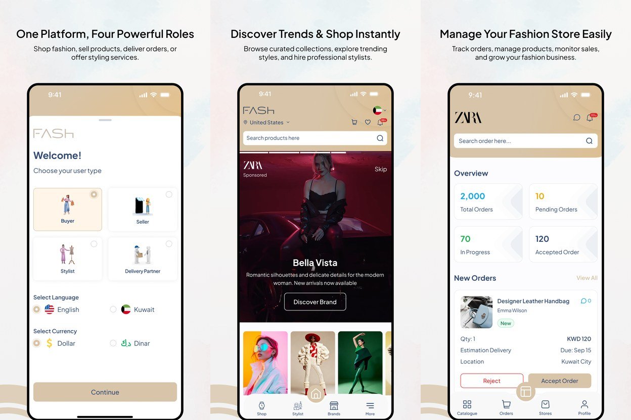 FASH app screens showing role selection, brand discovery feed and the seller dashboard
