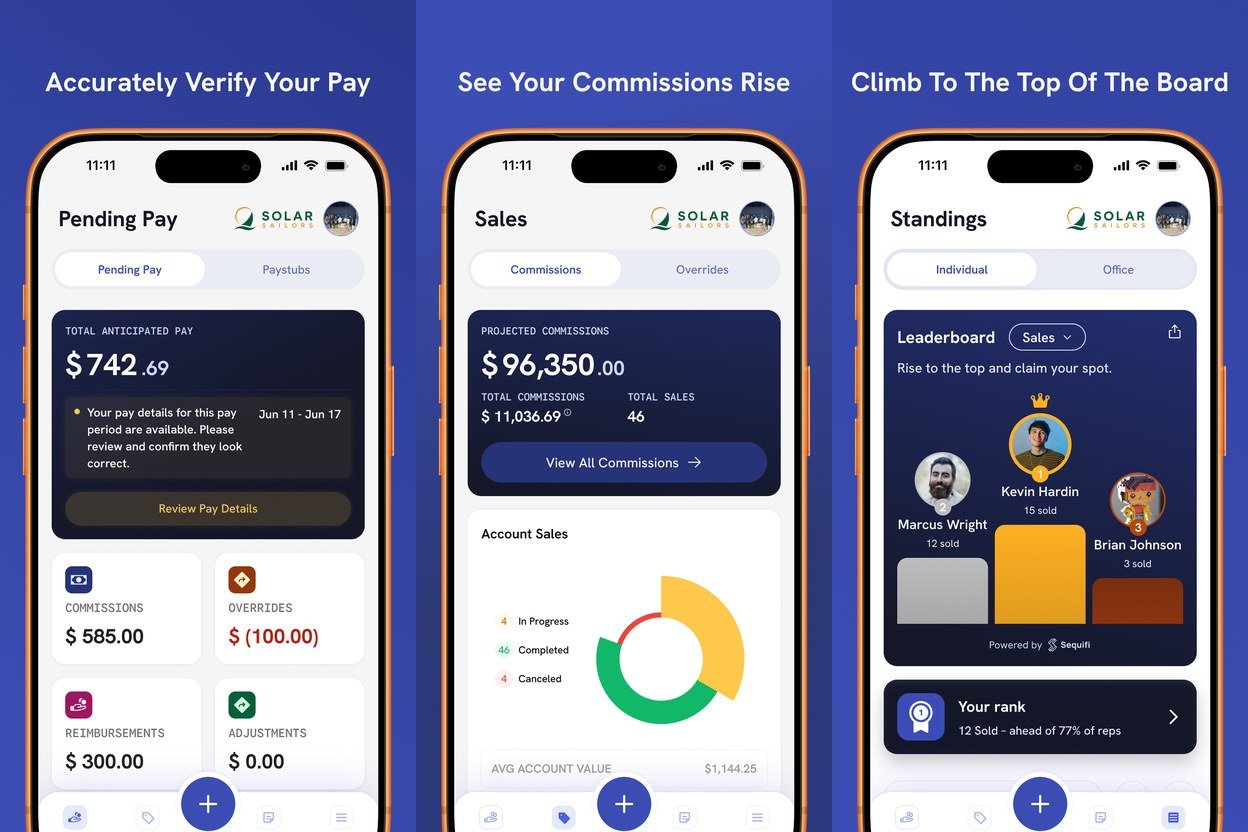 Sequifi app screens showing pending pay, projected commissions and the sales leaderboard